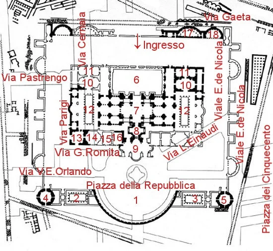 Plan schématique des Thermes de Dioclétien avec entrées et sections d'exposition